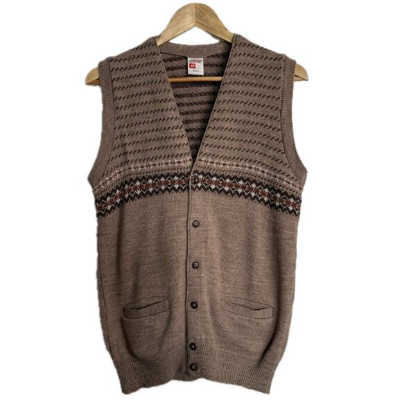 Vintage Sweater Vest Men Brown Tan Medium FairIsle Cardigan 70s Grandpa Retro - Picture 1 of 15